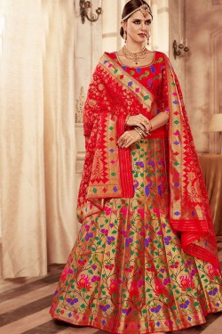 Lovely Golden and Red Banarasi Silk Jaquard Work Work Designer Lehenga Choli
