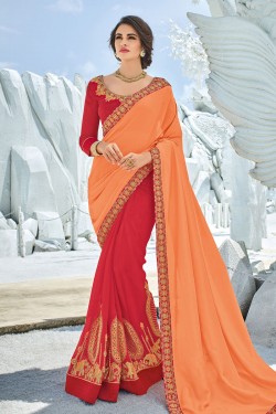 Classic Orange and Red Georgette and Silk Embroidered Party Wear Saree With Silk Blouse
