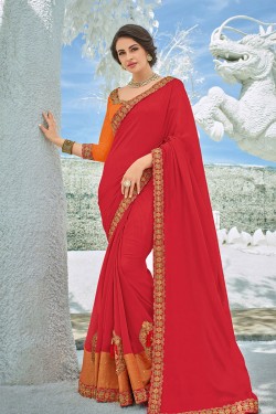 Optimum Red Silk Embroidered Party Wear Saree With Silk Blouse