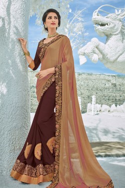 Admirable Coffee and Brown Georgette Embroidered Party Wear Saree With Silk Blouse