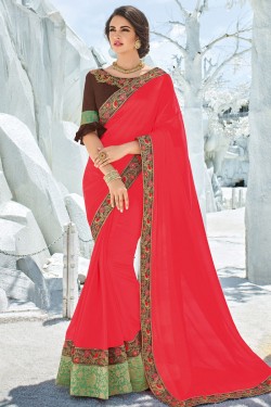 Desirable Pink Silk Embroidered Party Wear Saree