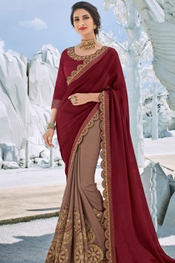 Lovely Maroon and Grey Georgette and Silk Embroidered Party Wear Saree