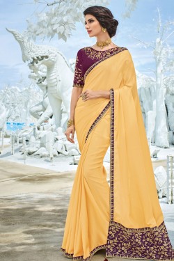 Excellent Yellow Silk Embroidered Party Wear Saree With Silk Blouse