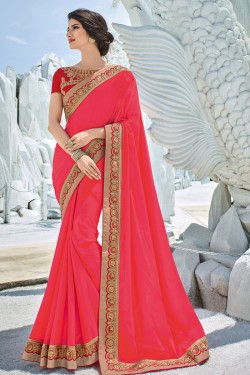 Pretty Pink Silk Embroidered Party Wear Saree With Silk Blouse