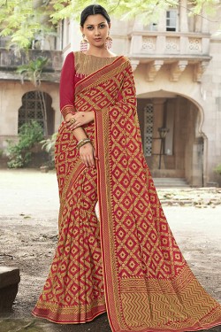 Charming Red Brasso Brasso Silk Party Wear Printed Saree With Silk Blouse