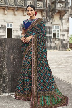 Lovely Blue Brasso Silk Party Wear Printed Saree