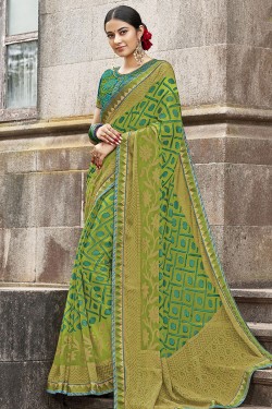 Gorgeous Green Brasso Silk Party Wear Printed Saree