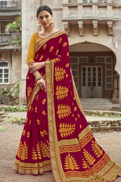 Optimum Maroon Brasso Silk Party Wear Printed Saree With Silk Blouse