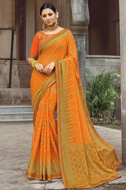 Ultimate Orange Brasso Silk Party Wear Printed Saree With Silk Blouse