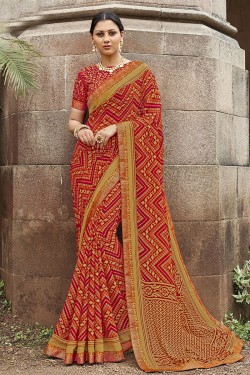 Classic Red Brasso Silk Party Wear Printed Saree