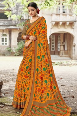 Lovely Orange Brasso Silk Party Wear Printed Saree With Silk Blouse