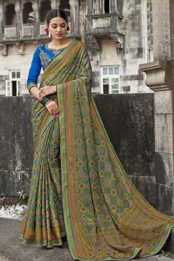 Pretty Green Brasso Silk Party Wear Printed Saree With Silk Blouse