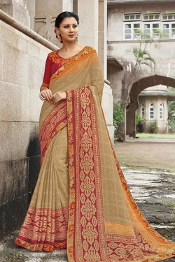 Charming Beige Brasso Silk Party Wear Printed Saree With Silk Blouse
