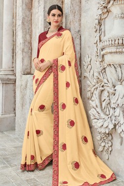 Gorgeous Cream Silk Embroidered Party Wear Saree With Silk Blouse