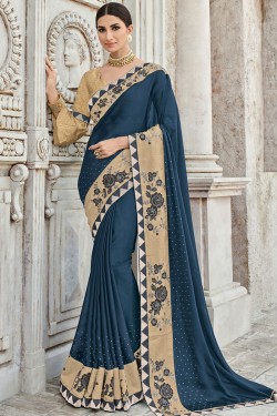 Admirable Blue Georgette Embroidered Party Wear Saree With Silk Blouse