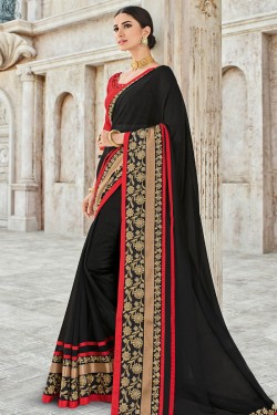 Ultimate Black Georgette Party Wear Embroidered Saree With Silk Blouse