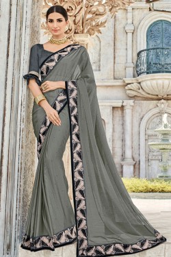 Desirable Grey Chiffon Embroidered Party Wear Saree With Silk Blouse