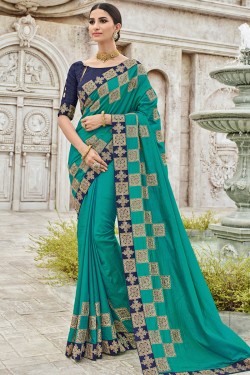 Classic Turquoise Silk Embroidered Party Wear Saree With Silk Blouse