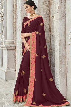 Charming Maroon Silk Embroidered Party Wear Saree With Silk Blouse