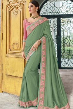 Classic Green Silk Embroidered Party Wear Saree With Silk Blouse