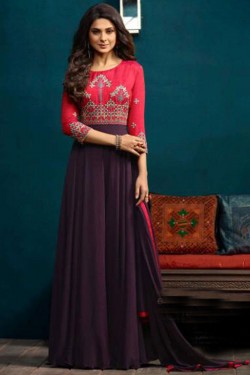 Jennifer Winget Beautiful Red and Violet Silk and Georgette Embroidered Designer Salwar Suit With Chiffon Dupatta