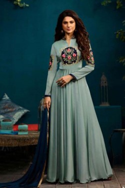Jennifer Winget Charming Sky Blue Silk and Georgette Embroidered Designer Salwar Suit With Chiffon Dupatta