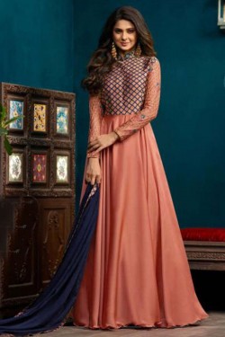 Jennifer Winget Classic Peach Silk and Georgette Embroidered Designer Salwar Suit With Chiffon Dupatta