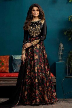 Jennifer Winget Excellent Black Silk and Georgette Embroidered Designer Plazo Salwar Suit With Chiffon Dupatta
