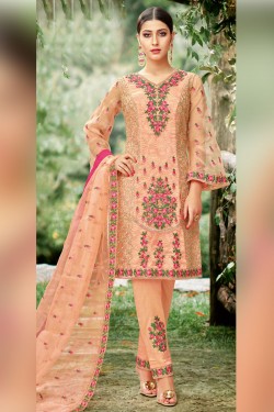Optimum Orange Net Embroidered Salwar Suit