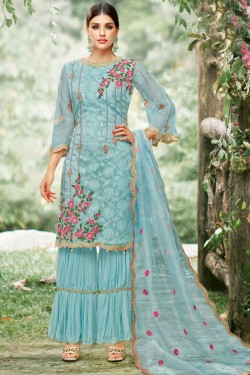 Stylish Sky Blue Net Embroidered Plazo Salwar Suit