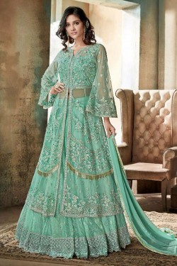 Classic Turquoise Net Embroidered Plazo Salwar Suit With Nazmin and Chiffon Dupatta