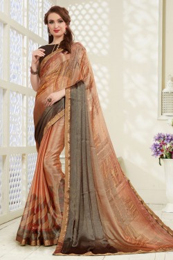 Charming Brown Brasso Printed Party Wear Saree With Banglori Silk Blouse