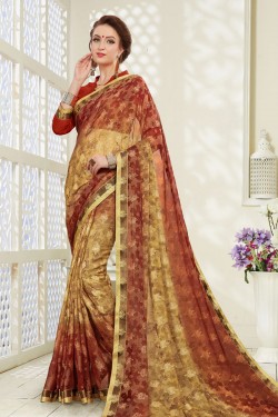 Excellent Brown Brasso Printed Party Wear Saree With Banglori Silk Blouse