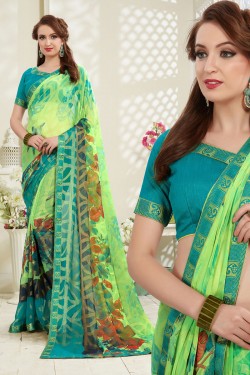 Admirable Green Brasso Party Wear Printed Saree With Banglori Silk Blouse