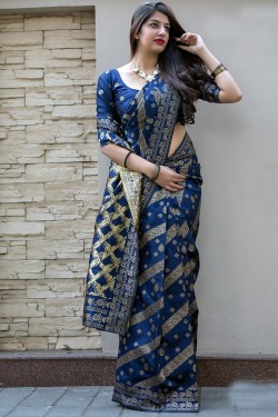 Stylish Navy Blue Banarasi Silk Jaquard Work Designer Saree With Banglori Silk Blouse