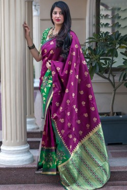 Ultimate Violet Banarasi Silk Jaquard Work Designer Saree With Banglori Silk Blouse