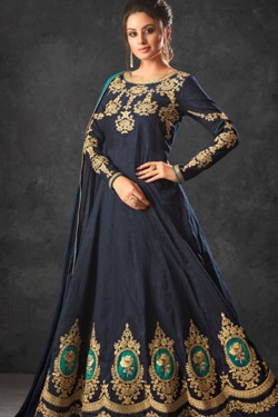 Admirable Navy Blue Silk Embroidered Anarkali Salwar Suit With Chiffon Dupatta