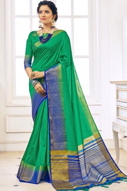 Optimum Green Silk Jaquard Work Saree With Silk Blouse