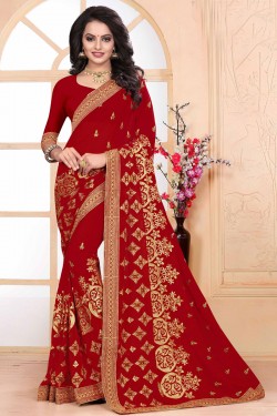 Beautiful Red Faux Georgette Embroidered Designer Saree With Georgette Blouse