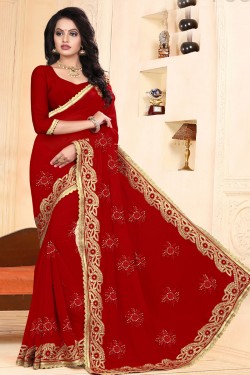 Gorgeous Red Faux Georgette Embroidered Designer Saree With Georgette Blouse
