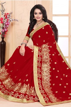 Charming Red Faux Georgette Embroidered Designer Saree With Georgette Blouse
