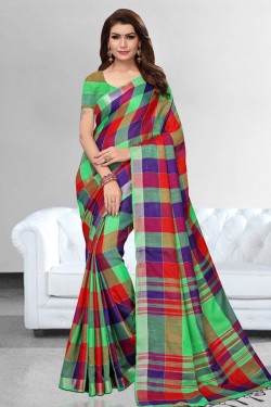 Pretty Green Linen Printed Casual Saree With Linen Blouse