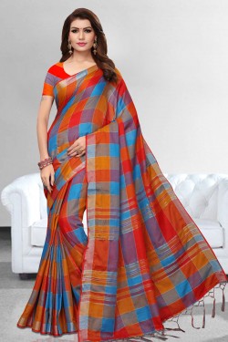 Stylish Red Linen Printed Casual Saree With Linen Blouse