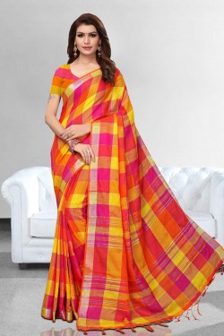 Classic Yellow and Pink Linen Printed Casual Saree With Linen Blouse