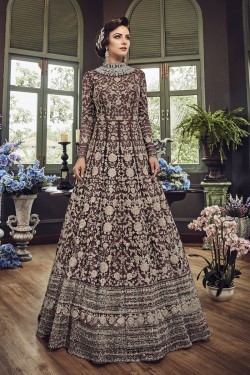 Lovely Brown Net Embroidered Designer Anarakali Salwar Suit With Net Dupatta
