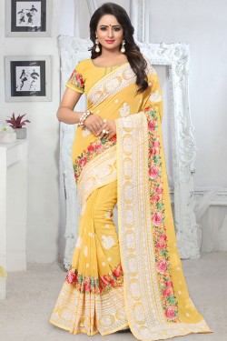 Desirable Yellow Georgette Embroidered Saree With Georgette Blouse