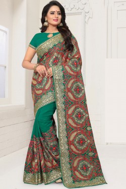 Desirable Green Georgette Embroidered Saree With Georgette Blouse