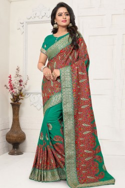 Beautiful Green Georgette Embroidered Designer Saree With Georgette Blouse