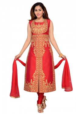 Charming Red Art Silk Embroidered Designer Salwar Suit