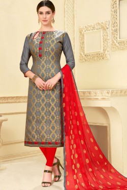 Ultimate Grey Banarasi Silk Jaquard Work Casual Salwar Suit With Nazmin Dupatta